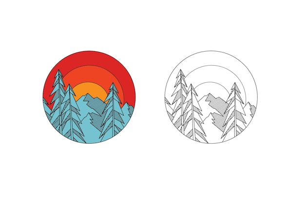 Vecteur pin et montagne avec dessin au trait