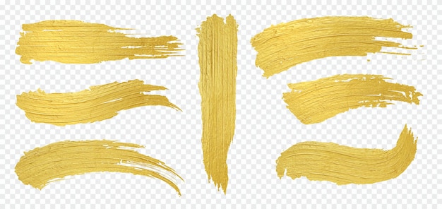 Pinceau doré Traits de peinture réalistes frottis d'or de luxe sur fond transparent Modèles décoratifs pour étiquettes et autocollants Ensemble de coups de pinceau jaunes Textures chatoyantes vectorielles