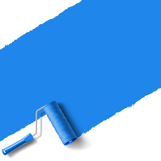 Vecteur pinceau à rouleau avec mur de peinture bleue