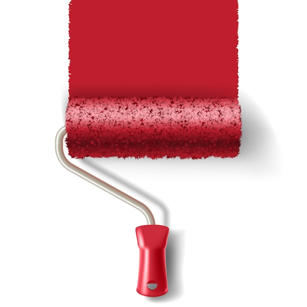 Vecteur pinceau rouleau à peinture avec piste de peinture rouge isolé sur fond blanc