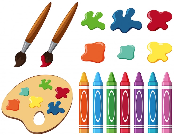 Vecteur pinceaux et crayons de couleur sur fond blanc