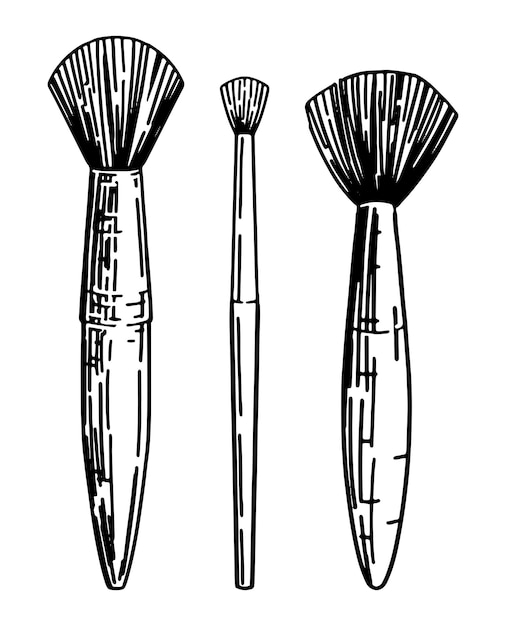 Pinceaux de maquillage contour cliparts Croquis d'accessoires cosmétiques Ensemble d'illustrations vectorielles dessinées à la main isolé sur blanc