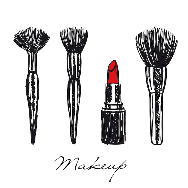 Vecteur pinceaux de maquillage et illustration dessinée à la main de rouge à lèvres