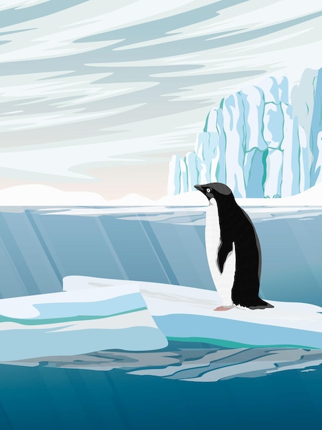 Vecteur le pingouin adelie se tient sur un grand bloc de glace les oiseaux du champ du sud