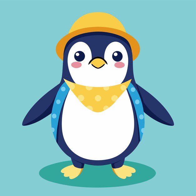 Pingouin en chapeau de paille d'été mascotte dessinée à la main personnage de dessin animé autocollant icône concept isolé
