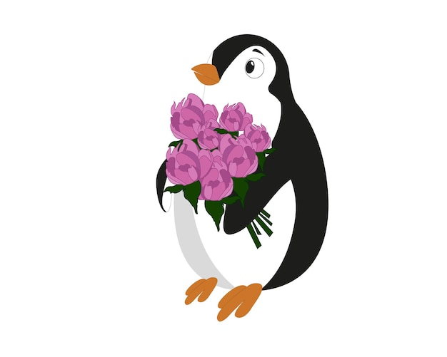 Pingouin de dessin animé avec un bouquet de pivoines