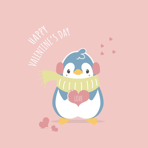 Pingouin Dessiné à La Main Mignon Et Charmant Tenant Le Concept D'amour De Ballon Coeur Happy Valentines Day