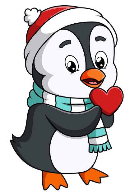 Vecteur le pingouin heureux tient le signe du coeur de l'illustration