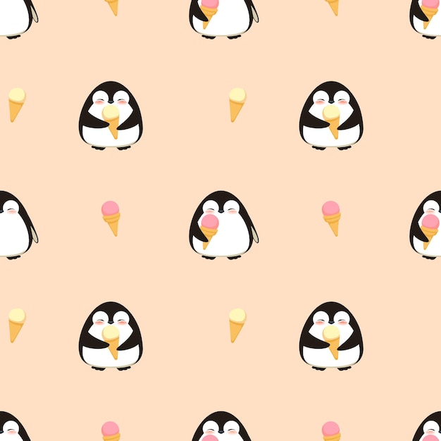 Pingouin Avec Illustration De Vecteur Coloré De Dessin Animé De Modèle Sans Couture De Crème Glacée