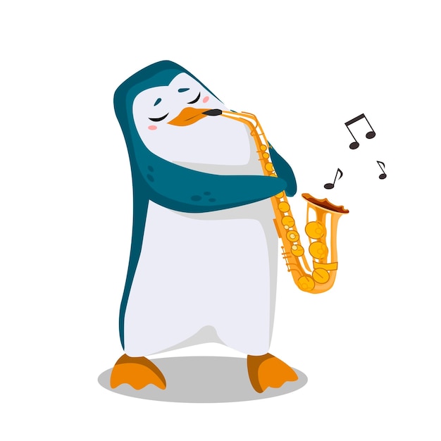Pingouin Joue Du Saxophone Joli Personnage En Style Cartoon
