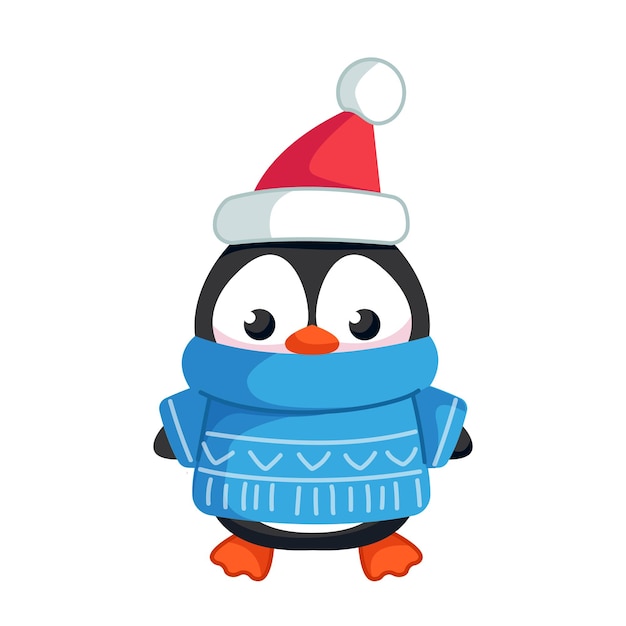 Vecteur pingouin kawaii mignon portant un pull de noël et un bonnet de noel illustration vectorielle d'un animal