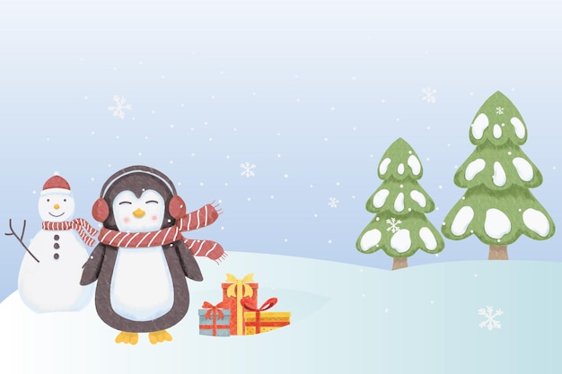 Pingouin mignon aquarelle avec des cadeaux joyeux noël