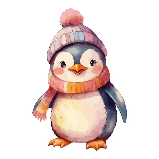 Pingouin mignon aquarelle avec chapeau et écharpe en coton