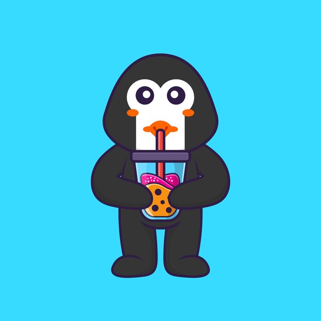 Pingouin Mignon Buvant Du Thé Au Lait Boba Concept De Dessin Animé Animal Isolé