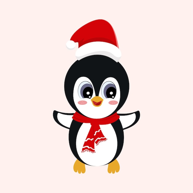 Pingouin mignon comme Père Noël sur fond blanc