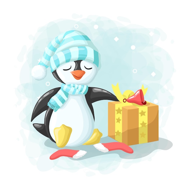 Pingouin Mignon Dessin Animé Avec Boîte-cadeau Joyeux Noël Illustration