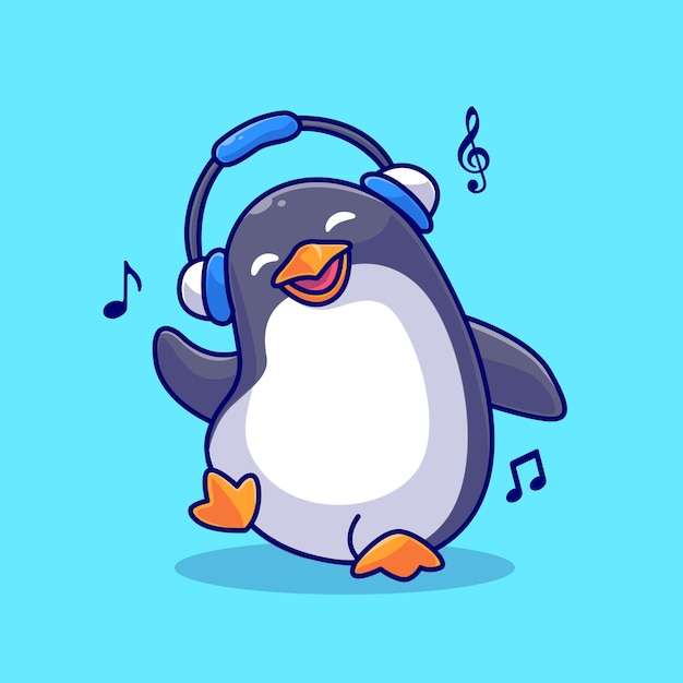 Pingouin Mignon écoutant De La Musique Avec Illustration D'icône De Vecteur De Dessin Animé De Casque. Musique Animale Isolée