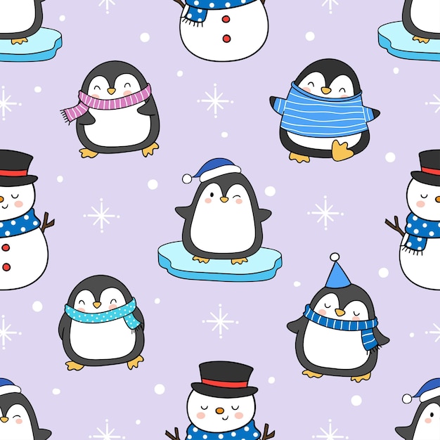 Pingouin Mignon De Fond De Modèle Sans Couture Avec Bonhomme De Neige Pour Le Concept D'hiver Style De Dessin Animé Doodle