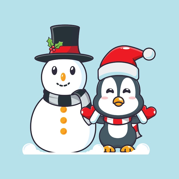 Pingouin Mignon Jouant Avec Le Bonhomme De Neige. Illustration De Dessin Animé De Noël Mignon.