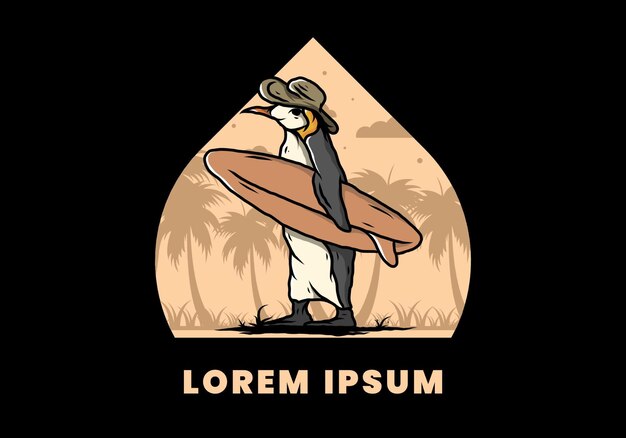 Pingouin Mignon Portant Une Planche De Surf Sur L'illustration De La Plage