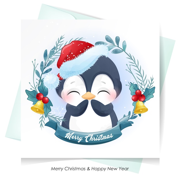 Pingouin Mignon Pour Noël Avec Illustration Aquarelle