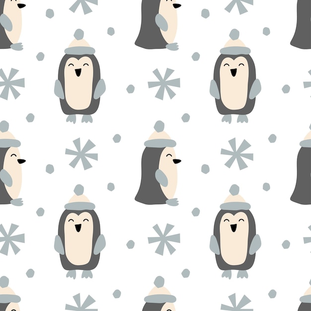 Vecteur pingouin de noël et flocons de neige vecteur motif scandinave sans soudure. fond d'hiver enfants mignons.