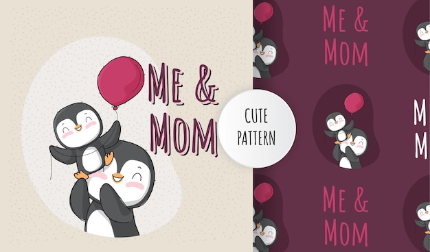 Pingouin Plat Mignon Bébé Animal Avec Jeu De Motifs Maman