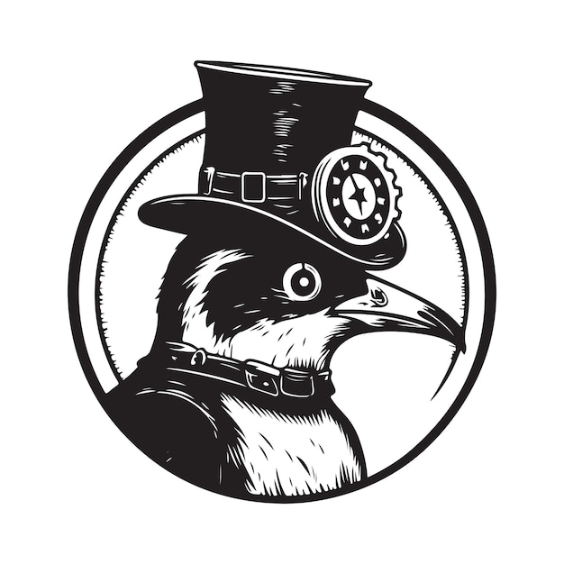 Pingouin steampunk logo concept noir et blanc couleur illustration dessinée à la main