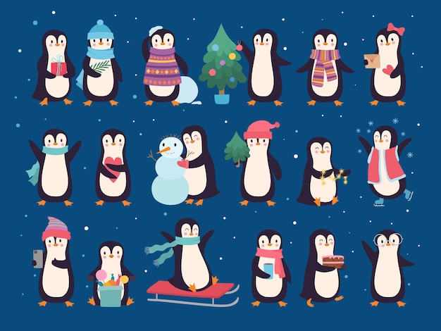 Pingouins d'hiver. Personnages mignons de bébé sauvage animaux du pôle nord pingouins dans un ensemble de vecteurs de chandail et d'écharpe. La faune des pingouins de l'Antarctique, illustration des vacances de décembre