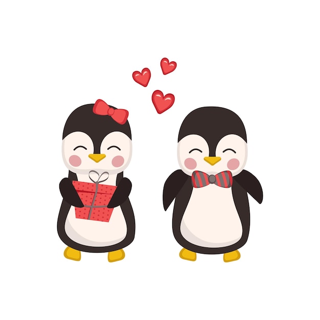 Pingouins Mignons Amoureux Dans Un Style Enfantin Avec Coeur Rouge Et Coffret Cadeau. Animaux Drôles Festifs, Décoration De La Saint-valentin. Télévision Illustration Vectorielle