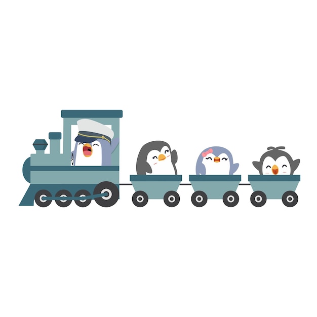 Vecteur pingouins mignons balade en famille heureuse dans le train