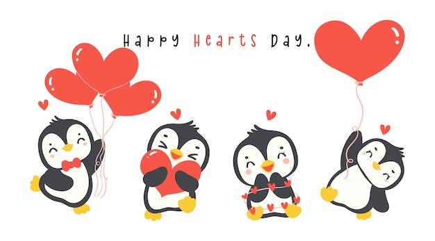 Vecteur des pingouins mignons avec un cœur dessin animé kawaii valentine bannière d'illustration de personnage animal