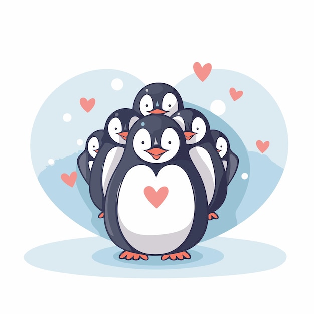 Vecteur des pingouins mignons avec des cœurs illustration vectorielle du jour de la saint-valentin