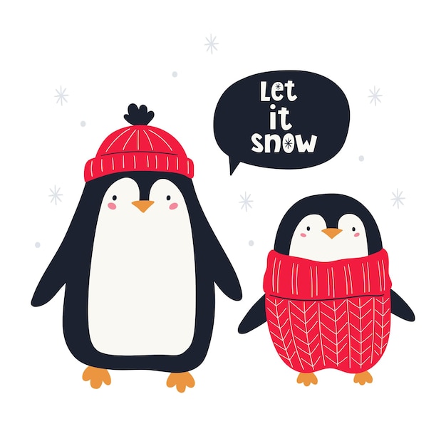 Pingouins De Noël Mignons Et Lettrage à La Main Let Is Snow Christmas Personnages