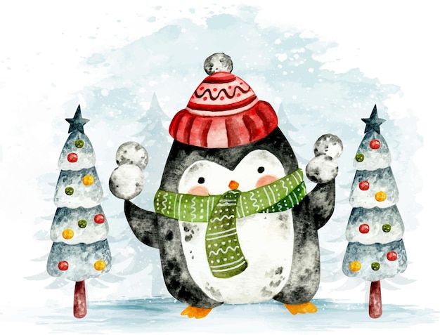 Pinguin de Noël aquarelle dessinés à la main