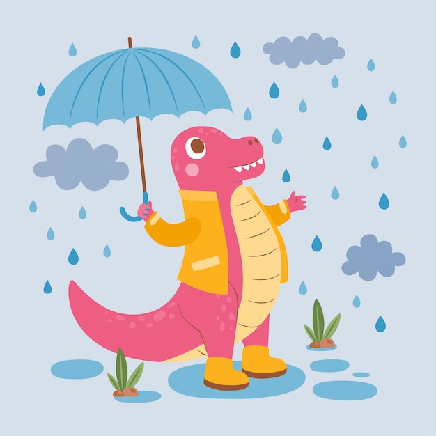 Pink Dino Tyranosaurus Rex En Imperméable Et Parapluie Dans Le Dessin Animé De La Pluie