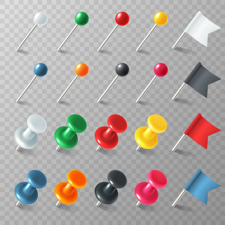 Vecteur pins punaises drapeaux. marqueur de pointeur de couleur broche drapeau punaise épinglé conseil punaise organisée annonce, ensemble réaliste