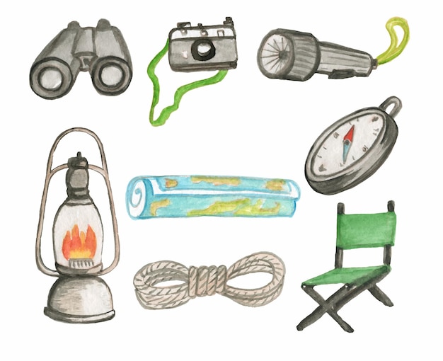 Pique-nique au camping Illustrations à l'aquarelleKit de voyage Randonnée en montagne