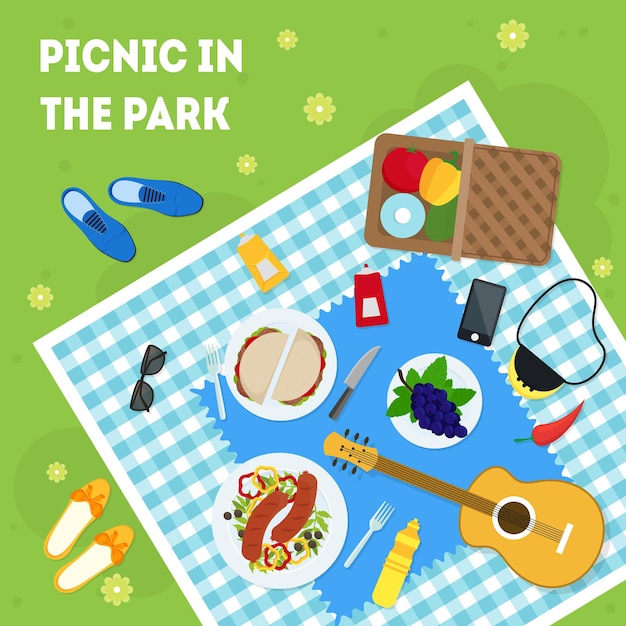 Pique-nique d'été de dessin animé dans le vecteur d'affiche de carte de panier de parc