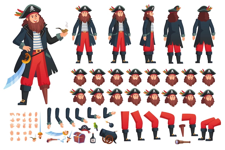 Vecteur pirate animation 2d pirate personnage animé dessin animé homme en costume de pirate bande dessinée méchant création capitaine marin motion corsaire