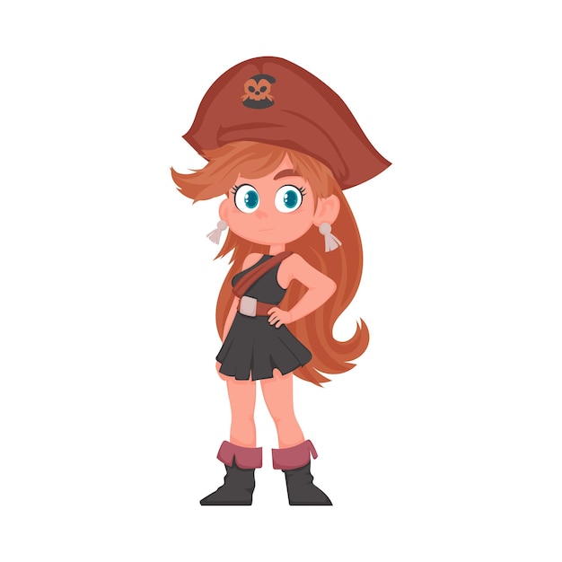 Vecteur pirate féminine drôle et mignonne fille dans un costume de pirate style de dessin animé