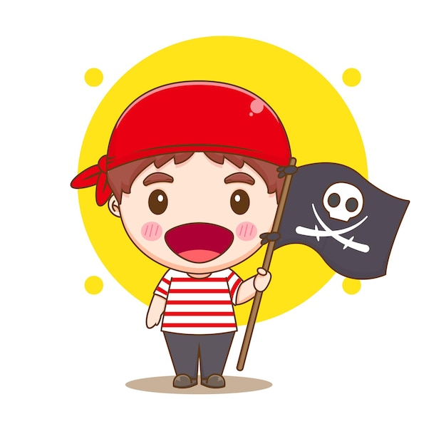 Vecteur pirate mignon tenant une illustration de caractère chibi drapeau