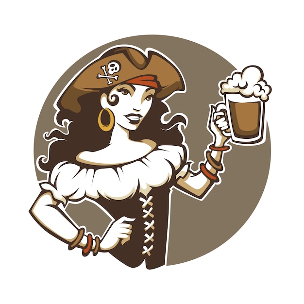 Pirate Party, Portrait De Belle Dame En Costume Corsaire Et Chapeau Tenir Une Bière Pression