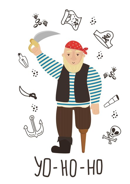 Pirate De Personnage D'illustration Vectorielle Avec éléments De Paquet De Pirate Doodle Et Lettrage Yohoho