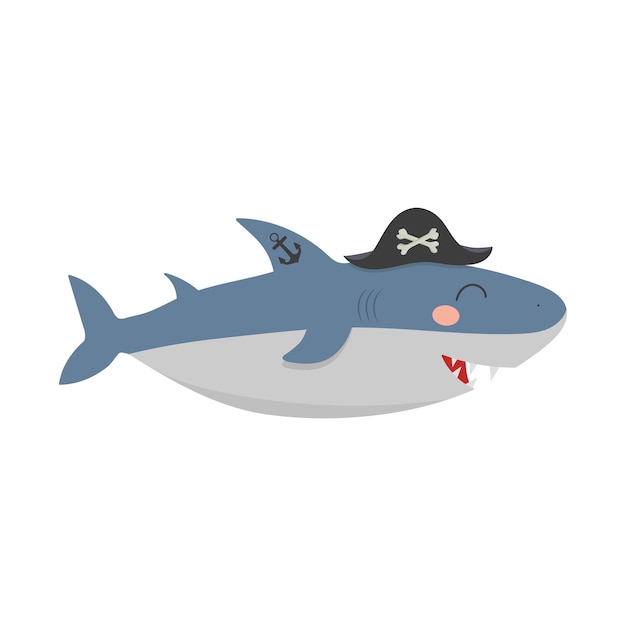 Pirate De Requin Mignon De Bande Dessinée Dans Un Chapeau Avec Un Tatouage D'ancre Sur La Nageoire