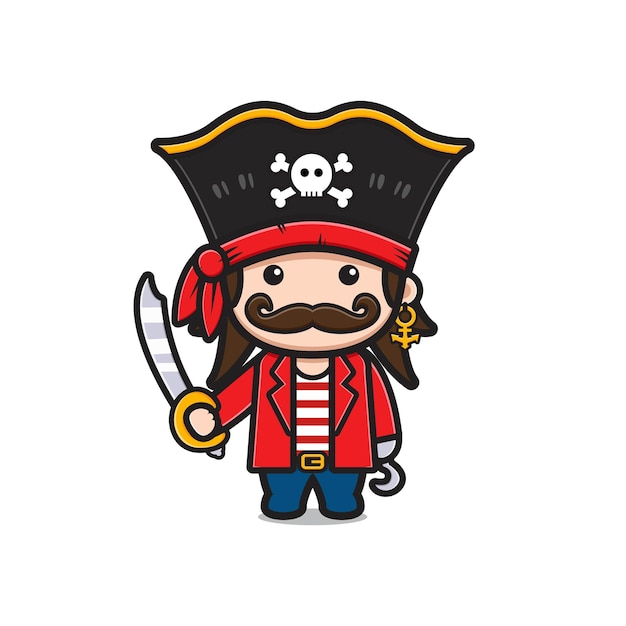 Pirates Mignons De Capitaine Tenant L'illustration D'icône De Dessin Animé D'épée. Concevoir Un Style Cartoon Plat Isolé