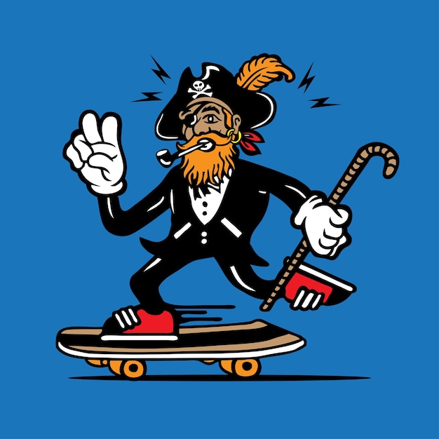 Vecteur des pirates de skateboard dans un smoking mascotte conception de personnages dessin à la main vecteur