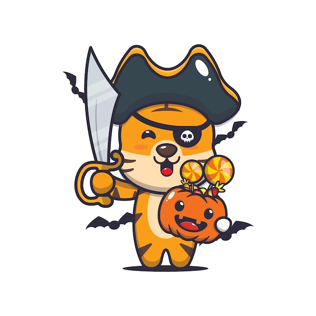 Pirates De Tigre Mignons Avec Une épée Portant Une Citrouille D'halloween Illustration De Dessin Animé Mignon D'halloween