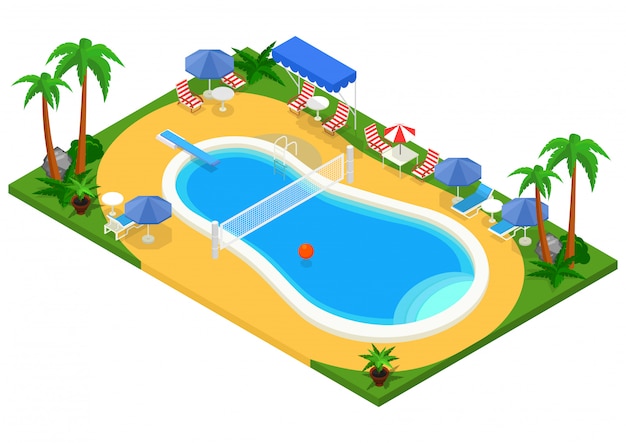 Vecteur piscine extérieure isométrique réaliste. illustration.