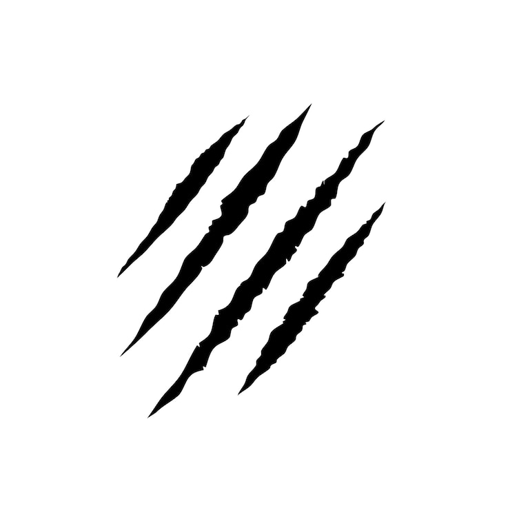 Vecteur piste de grattage des griffes sanglantes noires. chat, tigre, ours, lion se gratte la forme de patte. trace de quatre clous. élément de design amusant. illustration vectorielle isolée sur fond blanc